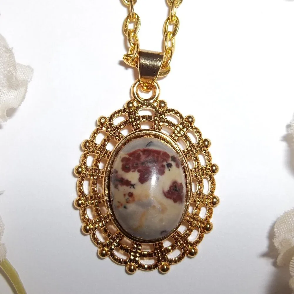 Pendant Charm Necklace Faux Jasper Gemstone Fashion Accessory Gold Chain C984